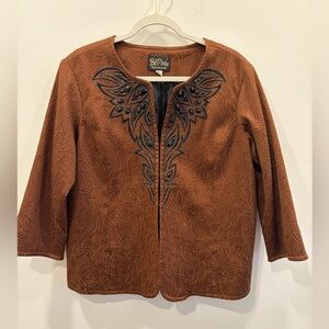 Bob Mackie Brown Embroidered Open-Front Jacket Western Style Design.